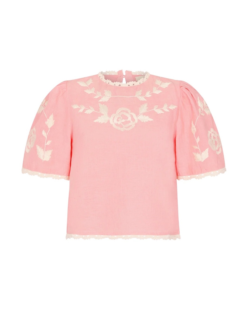 NWT Carolina K Lela Top in Pink White Floral Embroidery Crochet Trim Linen
